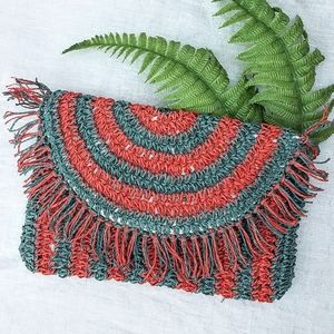 Crochet Fringe Clutch, Pumpkin & Sage